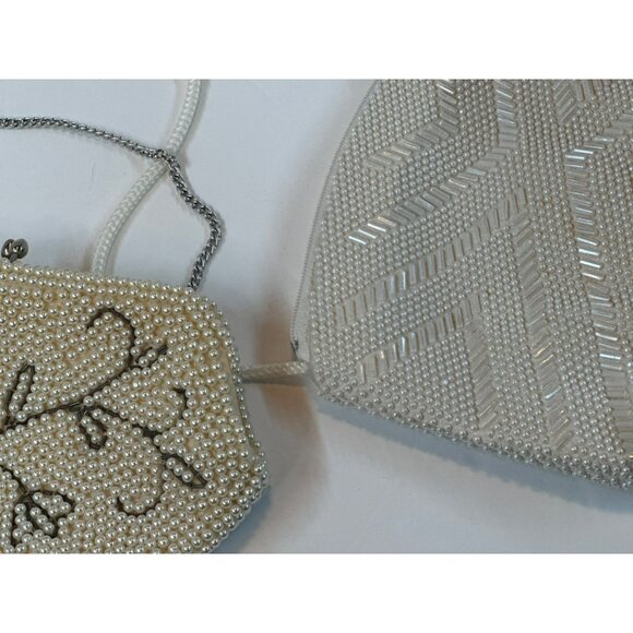 VTG Beaded Evening Clutch Bags Set of 2 White & Cream Floral + Geometric Purses - Picture 7 of 10